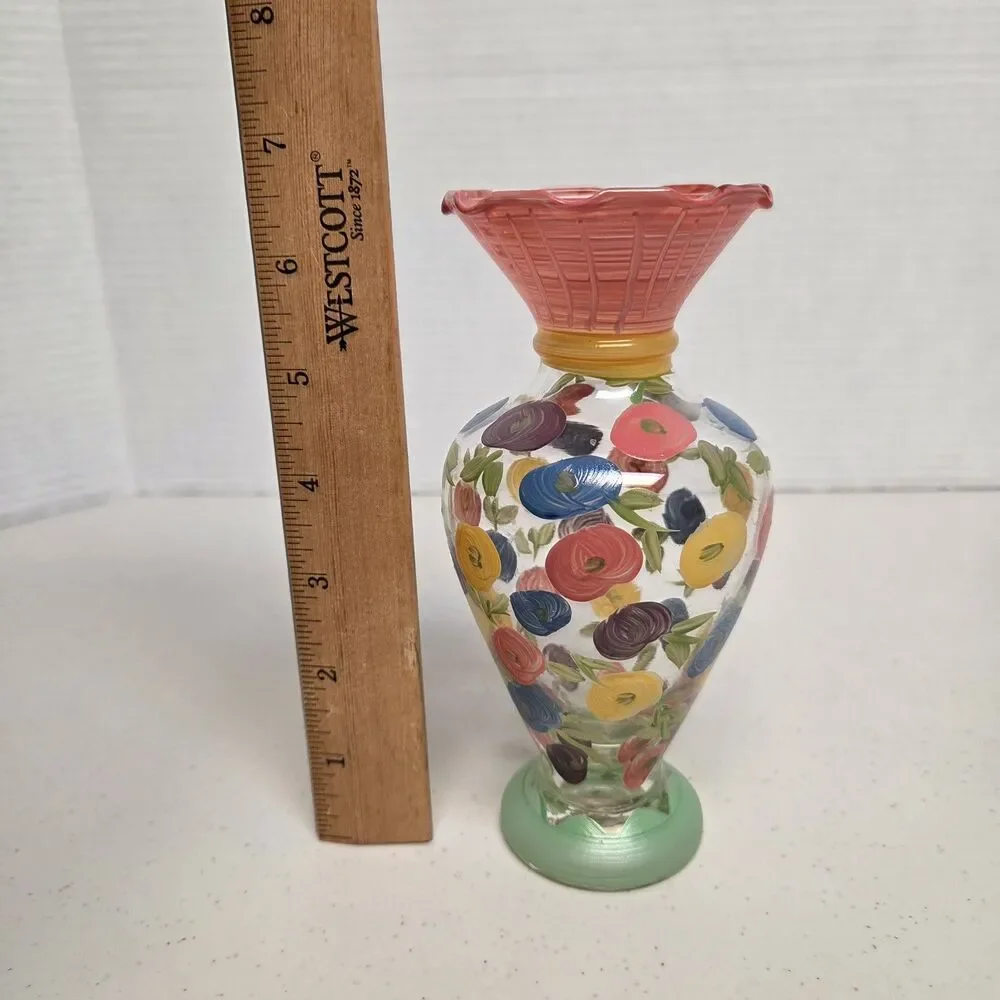 Tracy Porter Hand Painted blown Glass Vase Floral Design Ruffled Top 6.5”
